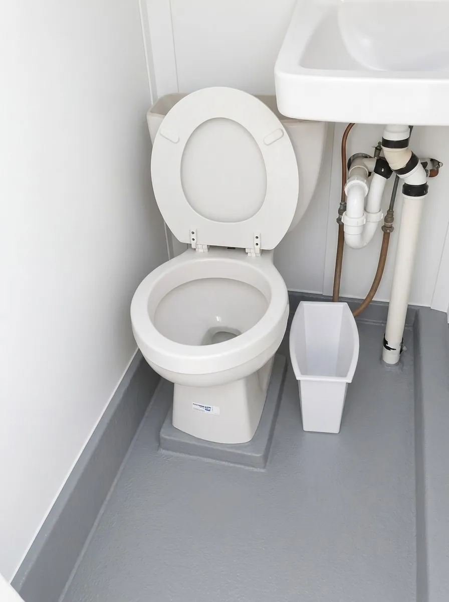 Interior of one of the two restrooms aboard the Gulfstream IV party boat, showing the toilet, waste bin and sink plumbing