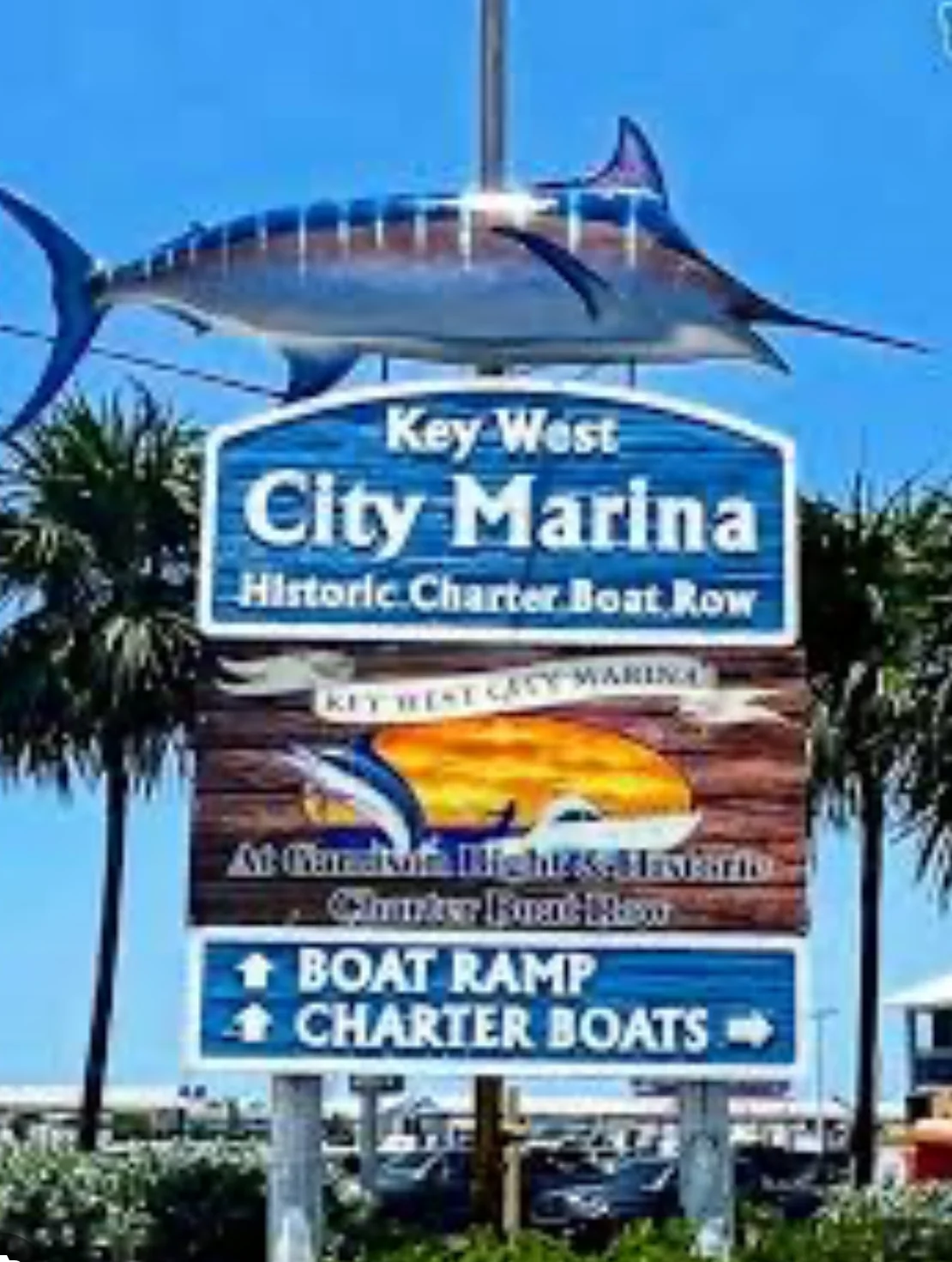 Key West City Marina sign at Historic Charter Boat Row, the entrance to Gulfstream Fishing's docks