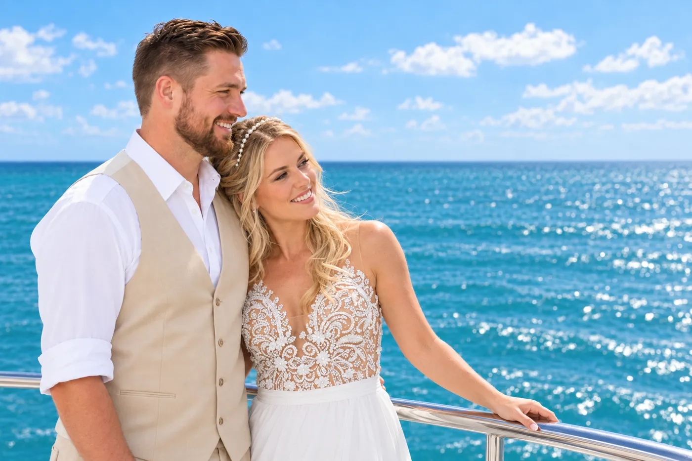 Bride and groom sharing a tender moment at sea off Key West